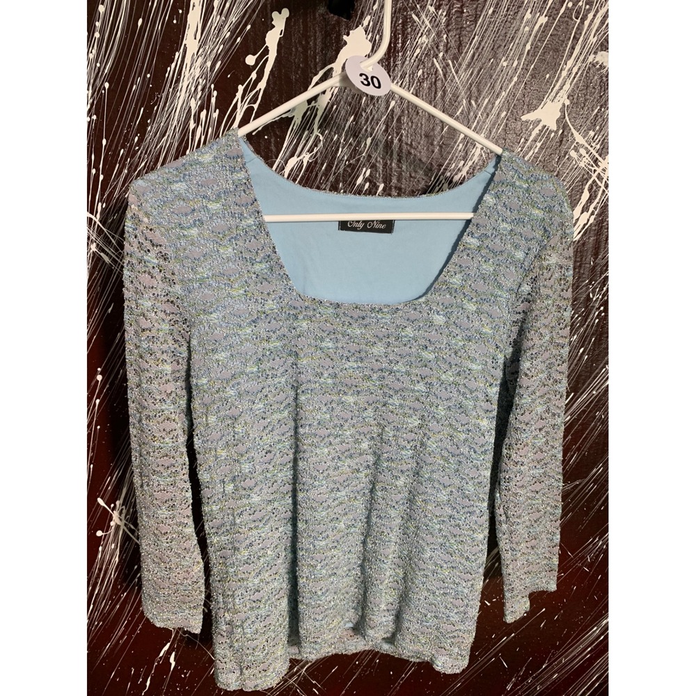 Only Nine Womens Square Neck Textured Lace Lined Blouse Blue Green Silver Top